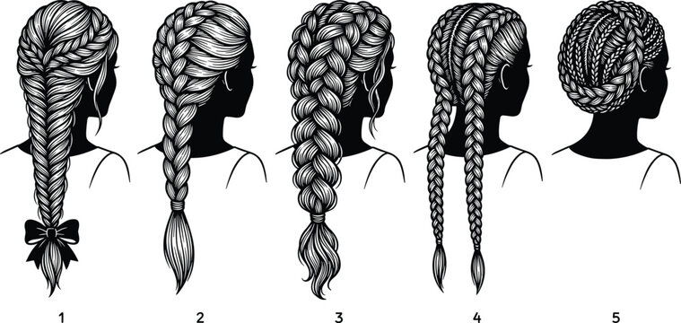 Women braided hairstyle collection with detailed braid designs and hair fashion vector illustration set