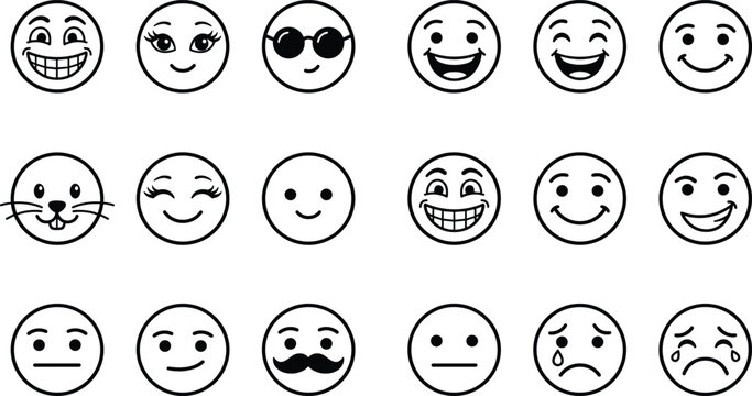 Minimalist emoji line icons set with various facial expressions happy sad neutral and mustache vector illustration
