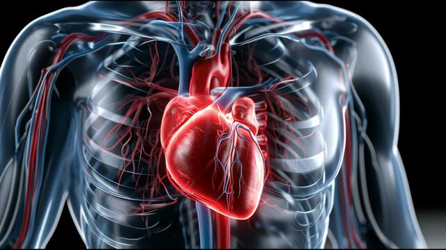 Human torso anatomy heart organ chest rib skeleton lung muscle medical illustration glowing heart cardiovascular circulatory system blood vessel artery vein cardiology concept healthcare education 3d