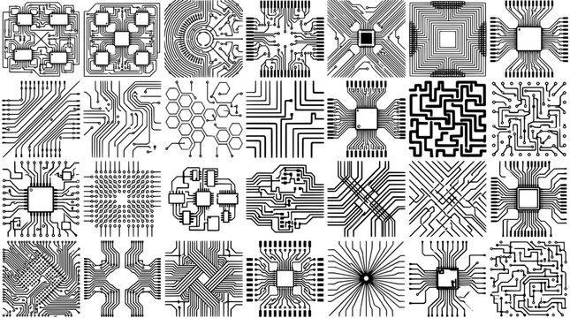 Circuit board patterns background with black and white maze-like lines, geometric circuitry shapes, and repeating electronic layout