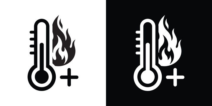 High temperature and heat warning vector icon showing a thermometer next to a flame and a plus sign, available in stark black and white flat designs.
