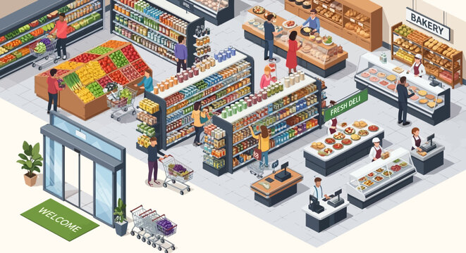 People shopping for groceries in a modern supermarket.