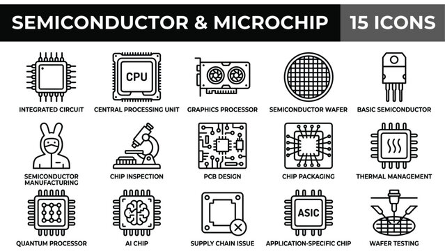 Semiconductor and microchip technology icon set