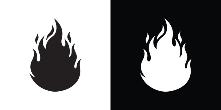 Simple fire flame vector icon with a clean, classic silhouette design, isolated in matching black-on-white and white-on-black versions for versatile use.