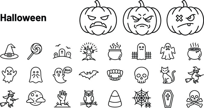 Halloween icon collection with pumpkins, ghosts and spooky symbols vector illustration set
