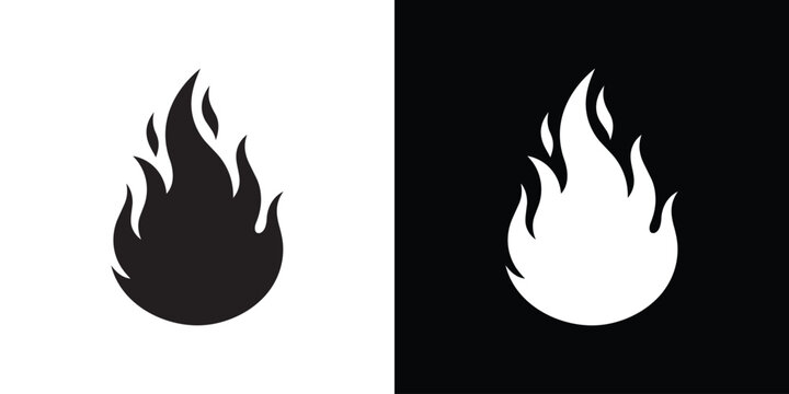 Simple fire flame vector icon with a clean, classic silhouette design, isolated in matching black-on-white and white-on-black versions for versatile use.