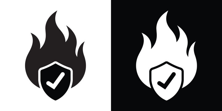 Fire protection and safety vector icon featuring a bold flame outline with a central shield containing a checkmark, presented in clean black and white minimalist variations.