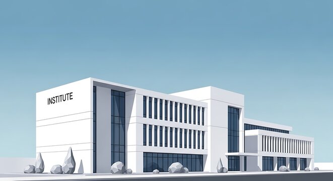 Modern architectural institute building with clean lines and a bright facade under a clear sky.