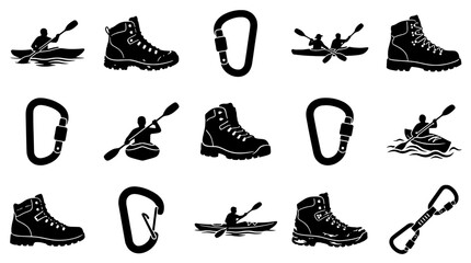 Obraz premium Hiking boots and carabiners with kayaking icons set for outdoor adventure featuring climbing, mountaineering, trekking with exploration and nature