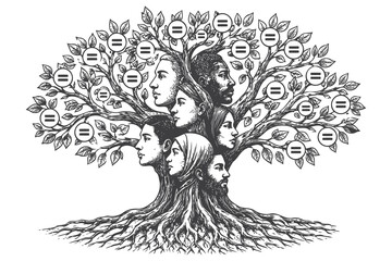 Fototapeta premium Tree with faces symbolizing equality and unity among people Vector