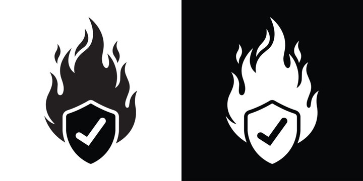 Fire protection and safety vector icon featuring a bold flame outline with a central shield containing a checkmark, presented in clean black and white minimalist variations.
