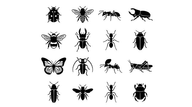 Insect silhouettes icon set with beetle, butterfly, ant, fly, and grasshopper shapes in bold vector style for stickers