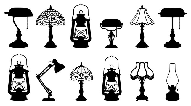 Lantern icon set with hourglass stands, arrows, and lamps in minimalist line art for web design featuring lamp symbols, light fixture, arrow pointer