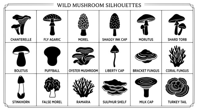 Mushroom silhouettes set with various wild species and names featuring chanterelle, fly agaric, morel with shaggy ink cap and morutus elements for