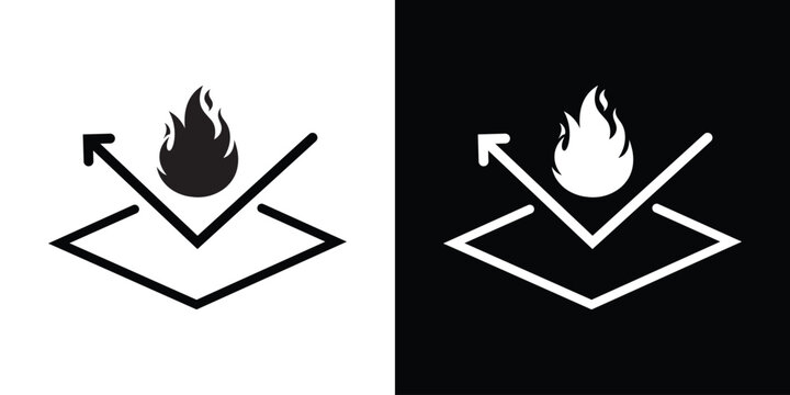 Fire resistant material vector icon depicting a detailed flame reflecting off a protective surface layer with an arrow, shown in black and white graphic styles.
