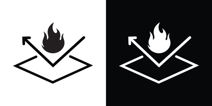Fire resistant material vector icon depicting a detailed flame reflecting off a protective surface layer with an arrow, shown in black and white graphic styles.