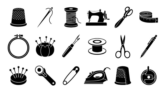 Sewing and tailoring icons set with needle, thread spool, thimble, scissors, measuring tape, and vintage sewing machine