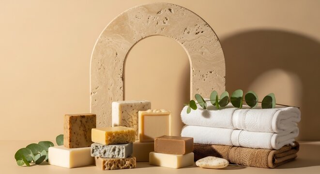 Natural Handmade Soaps and Rolled Towels Displayed with Greenery.