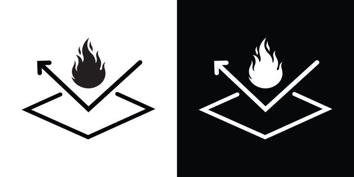 Fire resistant material vector icon depicting a detailed flame reflecting off a protective surface layer with an arrow, shown in black and white graphic styles.