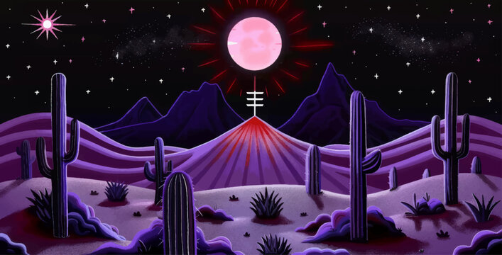 Surreal mojave desert night landscape, minimalist style, surreal and mysterious tone. Vector.