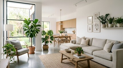 Fototapeta premium Modern living room interior with plants, sofa, and natural light
