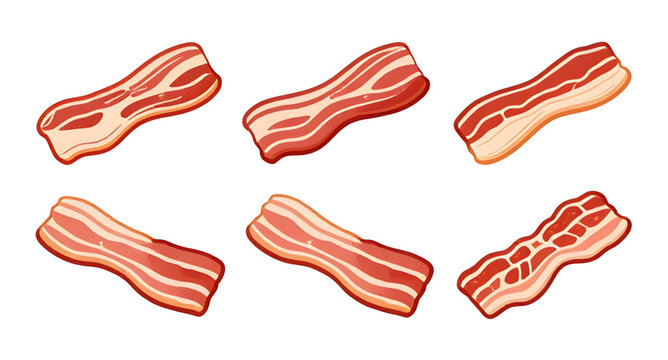 bacon, meat, slice, pork, food, breakfast, cooked, raw, strip, crispy, fat, butcher, cooking, vector, illustration, isolated, protein