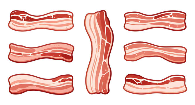 slice, bacon, meat, pork, food, breakfast, cooked, raw, strip, crispy, fat, butcher, cooking, vector, illustration, isolated, protein