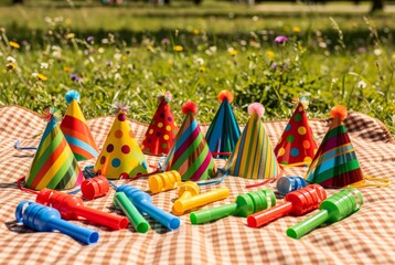 Fototapeta premium Colorful Party Hats and Noisemakers Ready for Outdoor Celebration