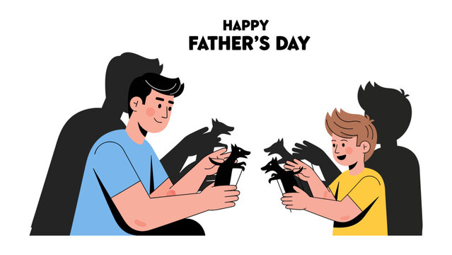 Father and Son Shadow Play: A heartwarming illustration depicting a father and son enjoying a playful shadow puppet show on Father's Day, their silhouettes casting playful shapes on the wall.