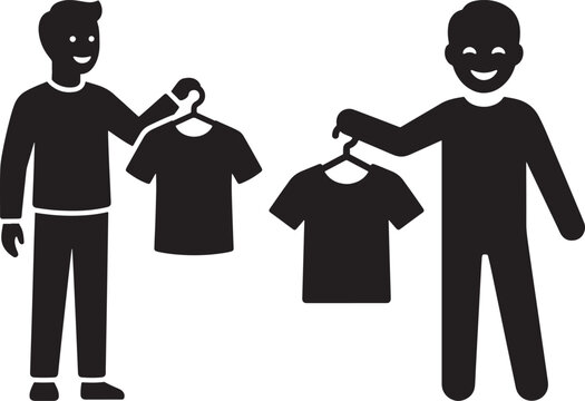 Two men holding t-shirts on hangers choosing clothes t shirt black and white clothing shopping