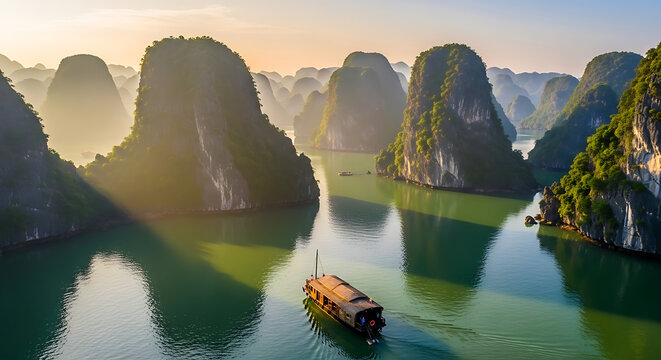 Halong bay landscape with limestone karsts and boat on emerald water