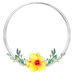 Delicate silver circular frame featuring a vibrant yellow hibiscus bloom and lush green leaves, perfect for creating beautiful summer floral design elements © epos studio art