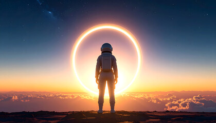 Astronaut gazing at radiant sky ring in surreal environment ultra realistic