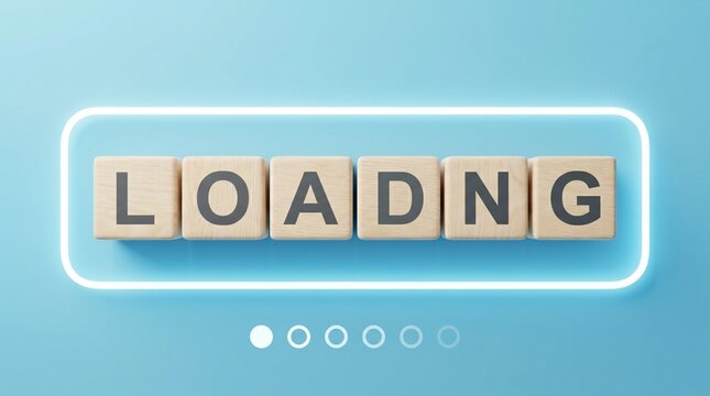 Loading progress bar concept with wooden blocks, digital interface status bar on blue background, website buffering and system update visualization