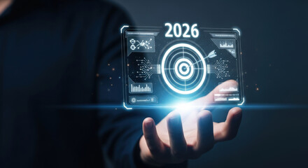 Fototapeta premium Business Target Goal 2026 Strategy Planning Aim Motivation Innovation Technology Vision Digital Futuristic Future Finance Investment Growth