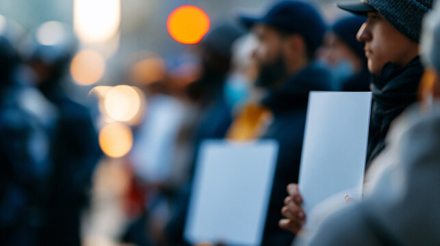 Protesters standing in a line holding sign boards in front of a security force, demonstrators facing authority concept, civil rights and public demonstration, faceless, faces not