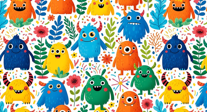 Colorful monster pattern with flowers and leaves playful vector illustration