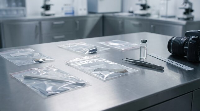 Realistic high-end crime lab scene featuring organized forensic evidence packaging, stainless steel surface and professional investigation equipment in controlled lighting