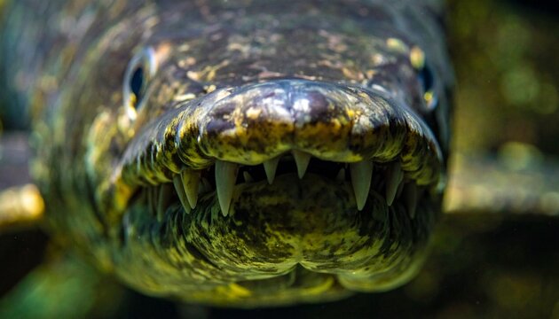 Close-up macro portrait of an alligator gar fish with textured scales and sharp teeth