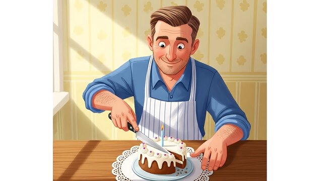 Man cutting birthday cake with knife.