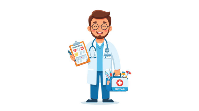 Happy Doctor Holding Medical Chart and First Aid Kit, Cartoon Style