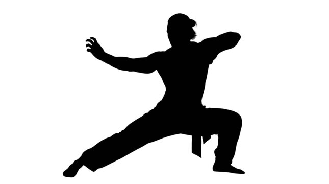 Black silhouette of man practicing kung fu isolated on transparent background, Vector
