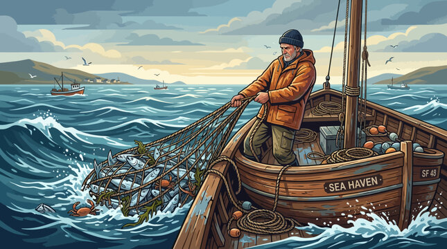Fisherman pulling fishing net on boat at sea against cloudy sky