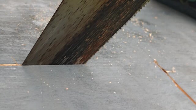 Close-up of cutting wood with a hacksaw or a saw. Woodwork, carpentry