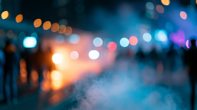 Protesters throwing smoke devices during a confrontation with security forces on a city street at night, social activism and civil unrest concept, dramatic urban protest,