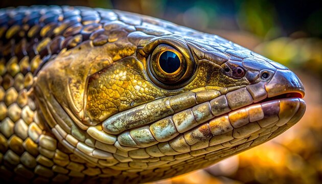 Close-up macro portrait of invasive snakehead fish with golden eye and patterned scales