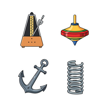 Set of musical tempo metronome spinning toy top anchor and metal coil spring featuring colorful icons for creative design projects showcasing various functional implements for everyday activities