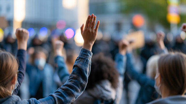 Group of activists celebrating a protest victory in front of security forces, triumph and social justice concept, emotional demonstration moment, urban setting, faceless,