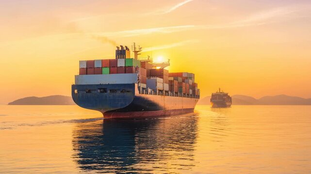 Cargo ship loaded with colorful containers sailing smoothly across calm ocean waters