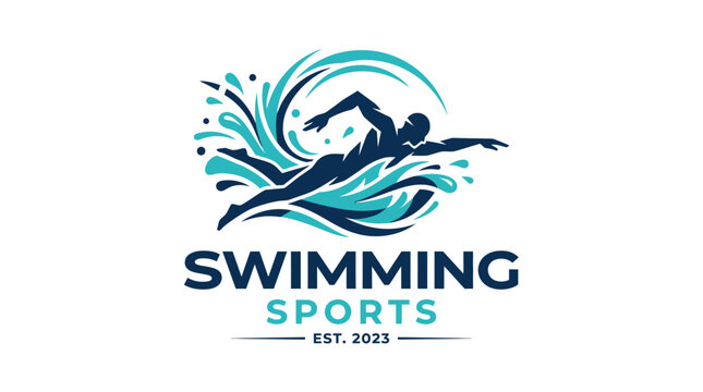 Swimmer silhouette logo icon for swimming sports featuring dynamic waves and swimmer action